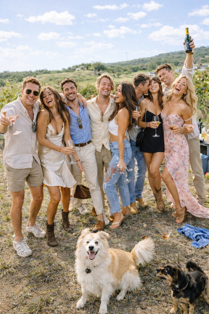Group of friends and dogs at a vineyard on a sunny day