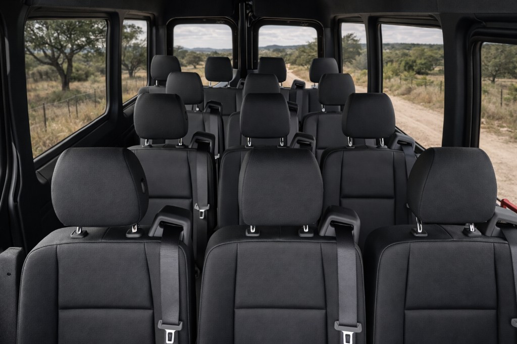Comfort configuration interior with elevated seating for Hill Country views (tour experiences up to 13 guests)