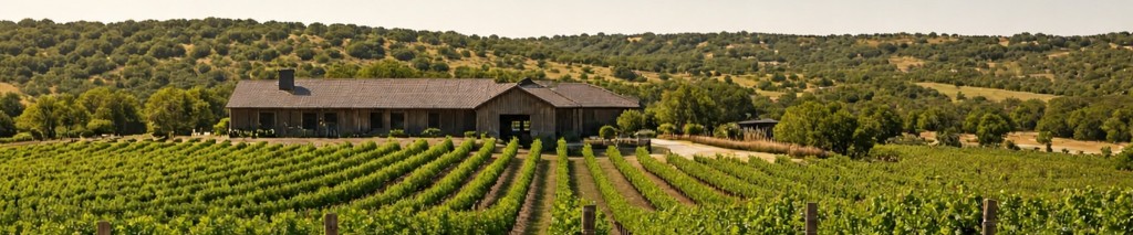 Panoramic view of a Texas Hill Country vineyard with rows of vines leading to a rustic winery building and rolling green hills